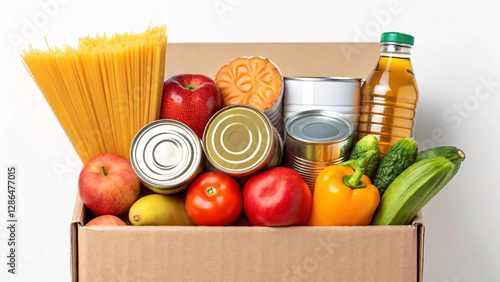 Wallpaper Mural food drive donations variety of donated food items in box, including pasta, fruits, and canned goods, showcasing community support and nourishment Torontodigital.ca