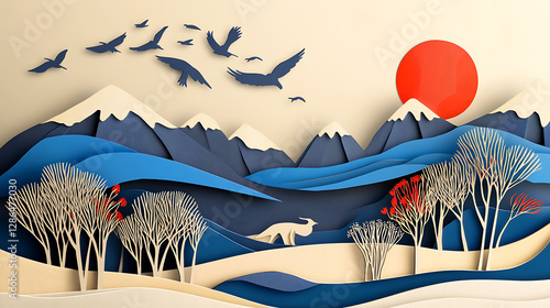 paper art style of landscape with animals in a forest beautiful trees and leaves. in natural forest layered shape in natural forest layered shape