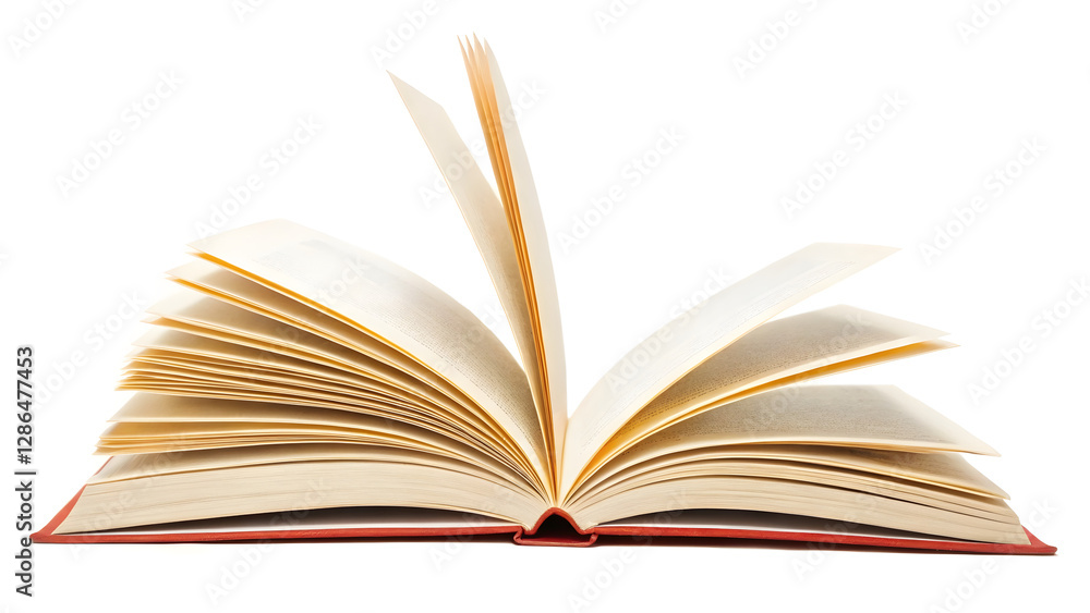 Fototapeta premium Open Book with Red Cover and Fanned Pages, Suggesting Movement