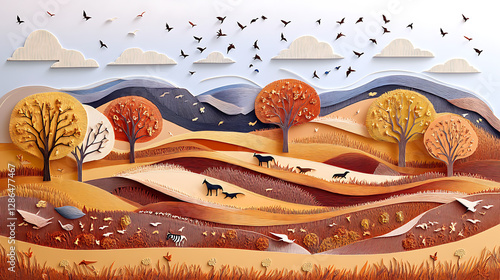 paper art style of landscape with animals in a forest beautiful trees and leaves. in natural forest layered shape in natural forest layered shape
