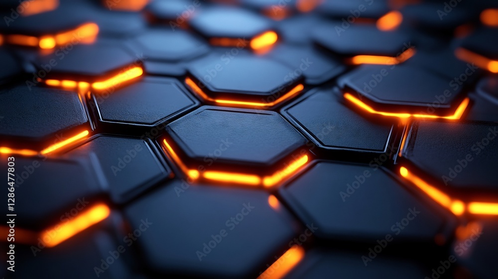 Glowing orange hexagons powerfully illuminate dark metallic surface. AI Generated Glowing orange hexagons powerfully illuminate dark metallic surface. AI Generated