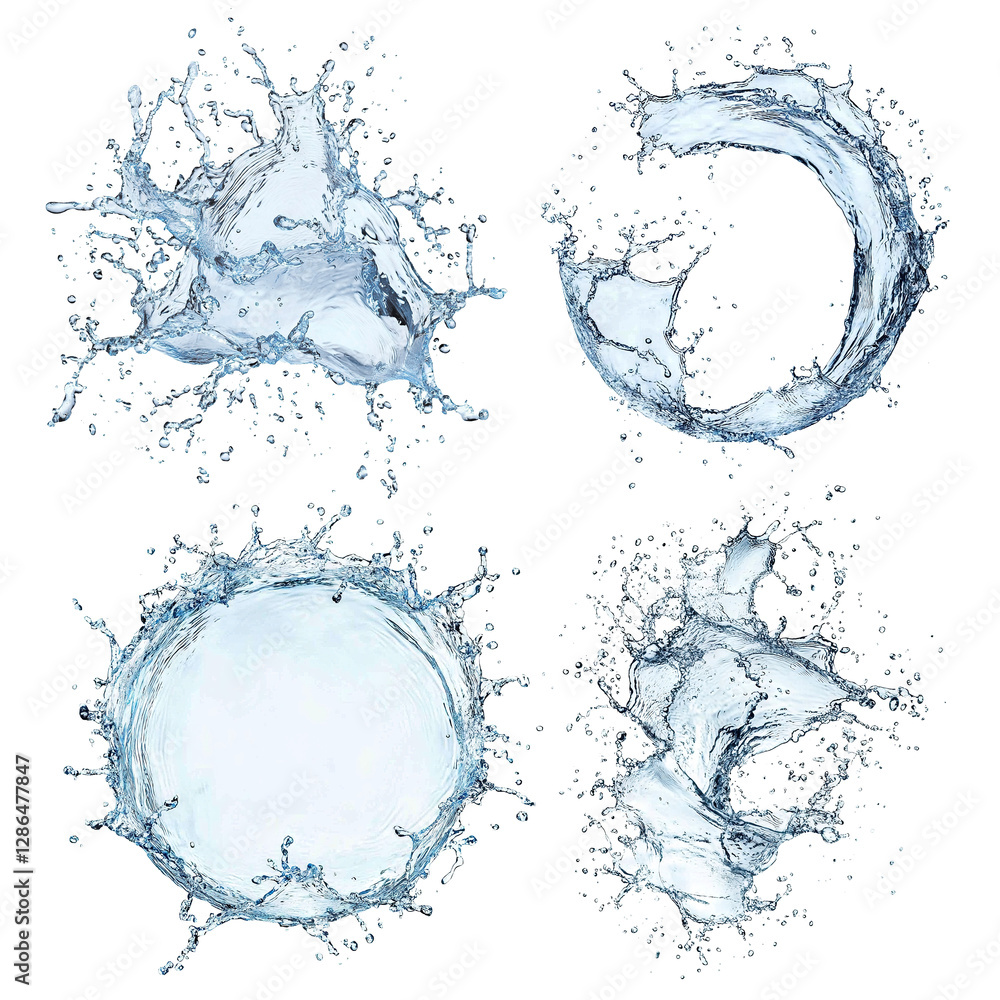 Obraz premium Set of clear water splashes in dynamic motion, isolated on transparent cutout background