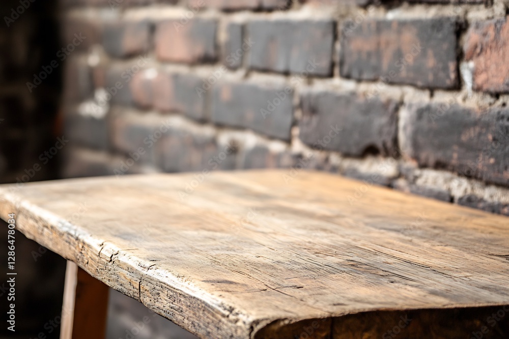 Empty wooden table against brick wall Empty wooden table against brick wall