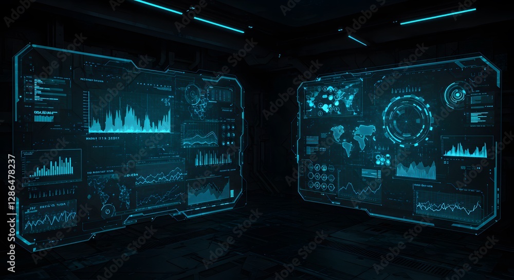 Obraz premium Futuristic Control Room Displaying Data and World Map for Technology Concept
