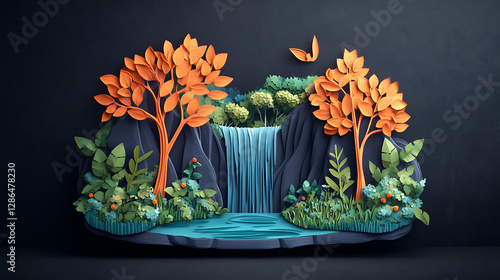 paper art style of landscape with animals in a forest beautiful trees and leaves. in natural forest layered shape in natural forest layered shape