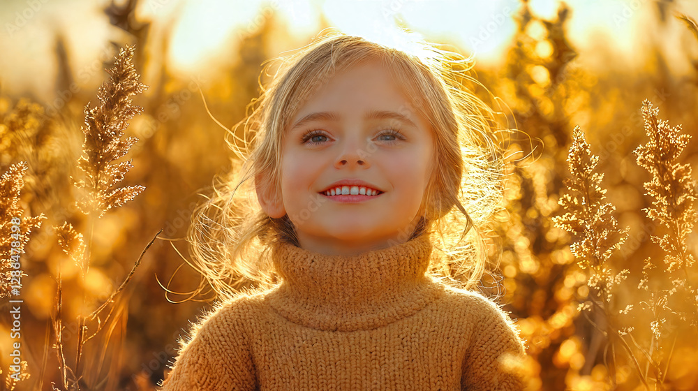 Happy child with radiant smile in warm sweater amid golden sunlit autumn field. Natural portrait pure childhood joy, innocent freedom and peaceful harmony in magical countryside atmosphere. Happy child with radiant smile in warm sweater amid golden sunlit autumn field. Natural portrait pure childhood joy, innocent freedom and peaceful harmony in magical countryside atmosphere.