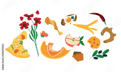 Organic garbage with leftover food, fruit peel, apple core, bone, moldy bread, sprouting potato. Green lifestyle. Decomposable garbage. Cartoon vector isolated on white background