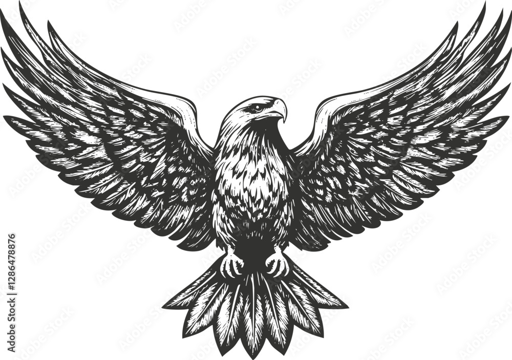 Black and white illustration of an eagle with outstretched wings. Black and white illustration of an eagle with outstretched wings.