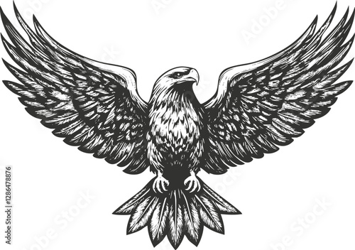Black and white illustration of an eagle with outstretched wings.