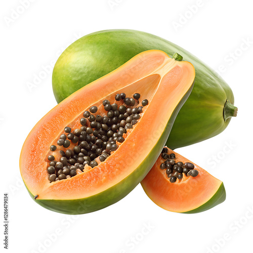 Wallpaper Mural A fresh papaya with smooth orange flesh and green skin, placed on an isolated white background, in a hyper-realistic style with soft backlighting to highlight its translucent quality and refreshing Torontodigital.ca