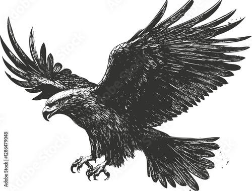 Detailed black and white illustration of a soaring eagle with outstretched wings.