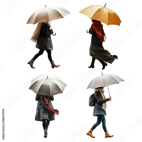 Set of stylish women walking with umbrellas, isolated on transparent cutout background