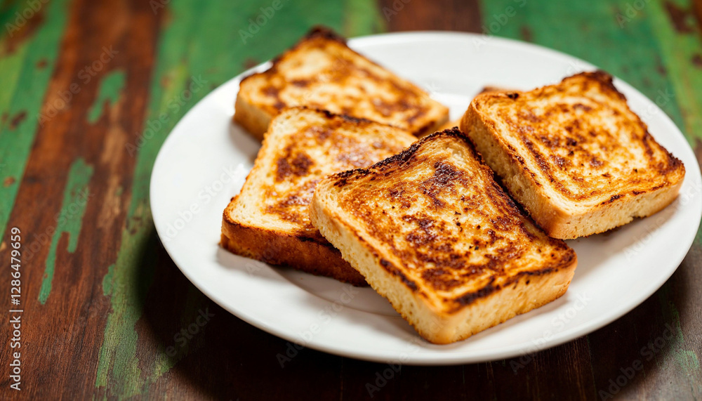 Un plato con cinco rebanadas de pan tostado sobre una mesa de madera, la mesa tiene un color verde y marrón Un plato con cinco rebanadas de pan tostado sobre una mesa de madera, la mesa tiene un color verde y marrón