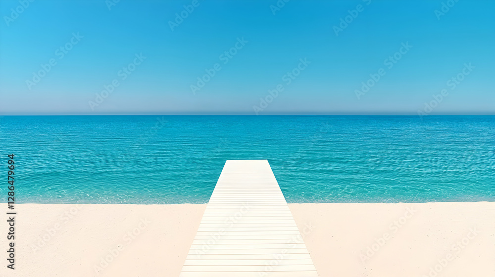 Fototapeta premium White pier on sandy beach, turquoise sea, clear sky; summer vacation