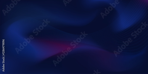 Abstract dark background with flowing wavy lines. Futuristic dark abstract background featuring smooth wavy lines over deep blue gradient with subtle red highlights for modern banner, website, header.