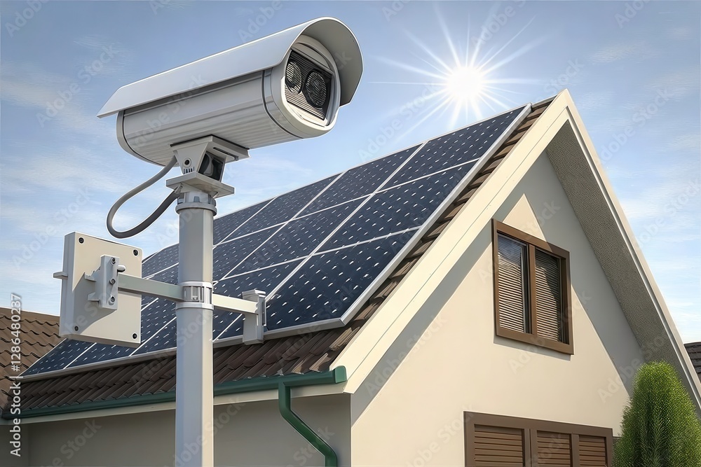 Solar Panel System Powering CCTV Camera on Residential Rooftop in Bright Sunlight. Generative AI Solar Panel System Powering CCTV Camera on Residential Rooftop in Bright Sunlight. Generative AI
