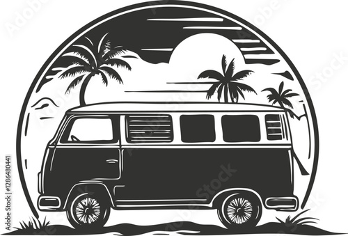 Black and white retro van with palm trees and sunset illustration.