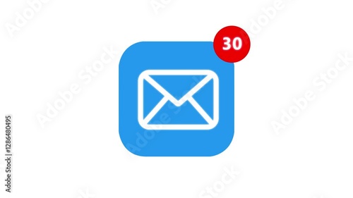 Email messaging app icon appearing and then receiving many notifications. Social media animation concept.