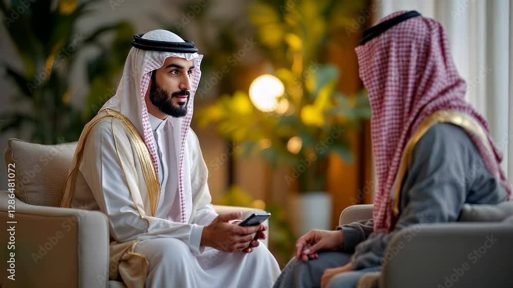 Two Men in Traditional Clothing Having a Conversation While Using a Smartphone Indoors Two Men in Traditional Clothing Having a Conversation While Using a Smartphone Indoors