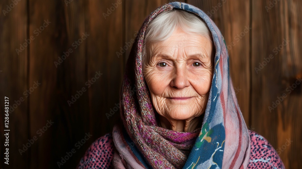 Elderly woman with a warm smile, wearing a colorful scarf. Elderly woman with a warm smile, wearing a colorful scarf.
