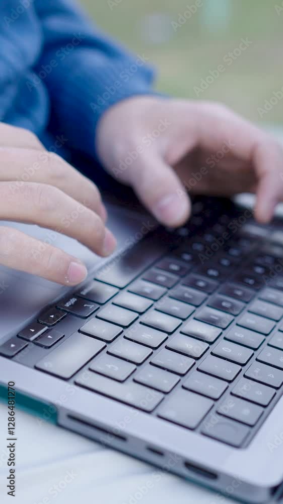 Programmer writing code on laptop keyboard outdoors. Vertical Programmer writing code on laptop keyboard outdoors. Vertical