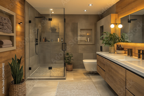 Photographie immobilière d’une salle de bain moderne avec douche à l’italienne, meuble vasque suspendu et accessoires noirs mats. HDR, 3D, design, tendance, architecte