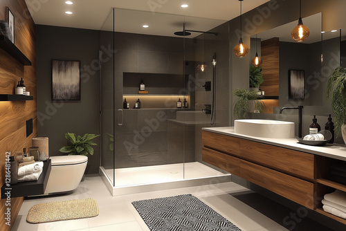 Photographie immobilière d’une salle de bain moderne avec douche à l’italienne, meuble vasque suspendu et accessoires noirs mats. HDR, 3D, design, tendance, architecte