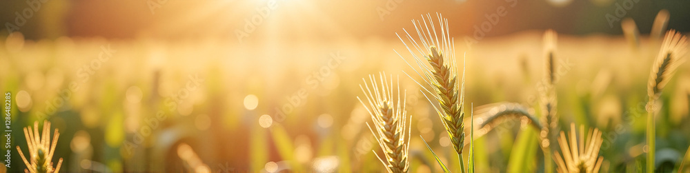 LinkedIn background with detailed shot of wheat stalks glistening with morning dew in soft sunlight, symbolizing freshness and purity in agriculture. LinkedIn background with detailed shot of wheat stalks glistening with morning dew in soft sunlight, symbolizing freshness and purity in agriculture.