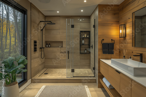 Photographie immobilière d’une salle de bain moderne avec douche à l’italienne, meuble vasque suspendu et accessoires noirs mats. HDR, 3D, design, tendance, architecte