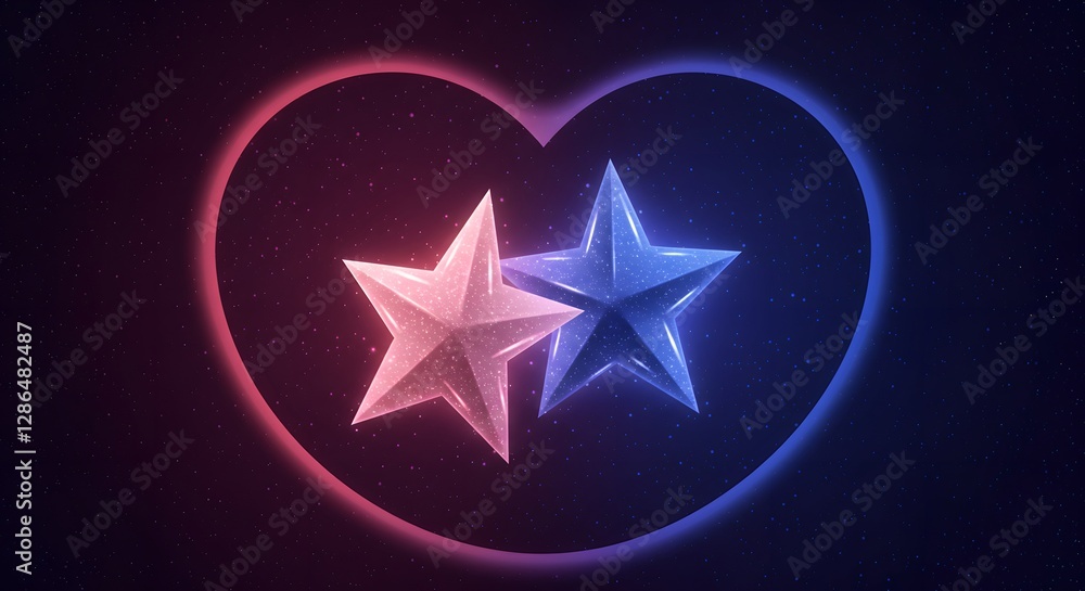 Obraz premium Two sparkling stars, one pink and one blue, shine brightly inside a neon heart against a starry space background. A symbol of cosmic love.