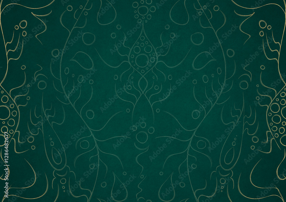 custom made wallpaper toronto digitalHand-drawn unique abstract ornament. Light green on a dark cold green background, with vignette in golden glitter. Paper texture. Digital artwork, A4. (pattern: p13-1a)