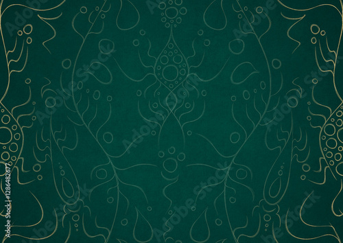 Wallpaper Mural Hand-drawn unique abstract ornament. Light green on a dark cold green background, with vignette in golden glitter. Paper texture. Digital artwork, A4. (pattern: p13-1a) Torontodigital.ca