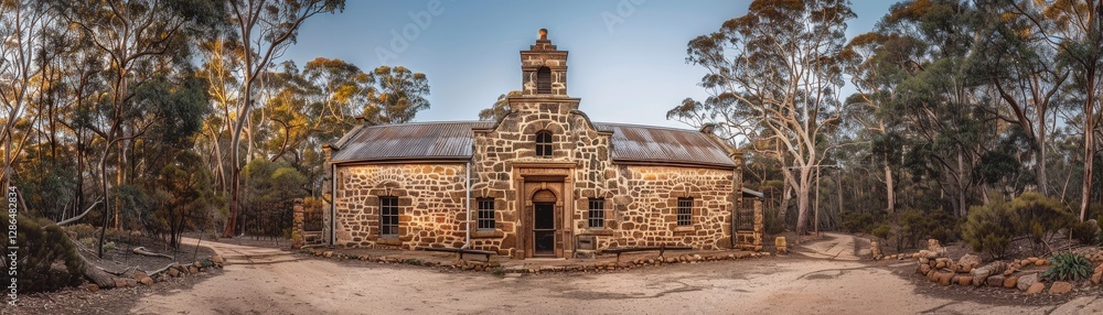 A large stone building with a clock tower sits in a forest A large stone building with a clock tower sits in a forest