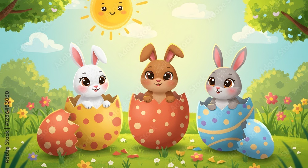 Naklejka premium Three adorable bunnies hatch from colorful Easter eggs under a bright, cheerful sun, surrounded by flowers and greenery. A whimsical Easter scene.