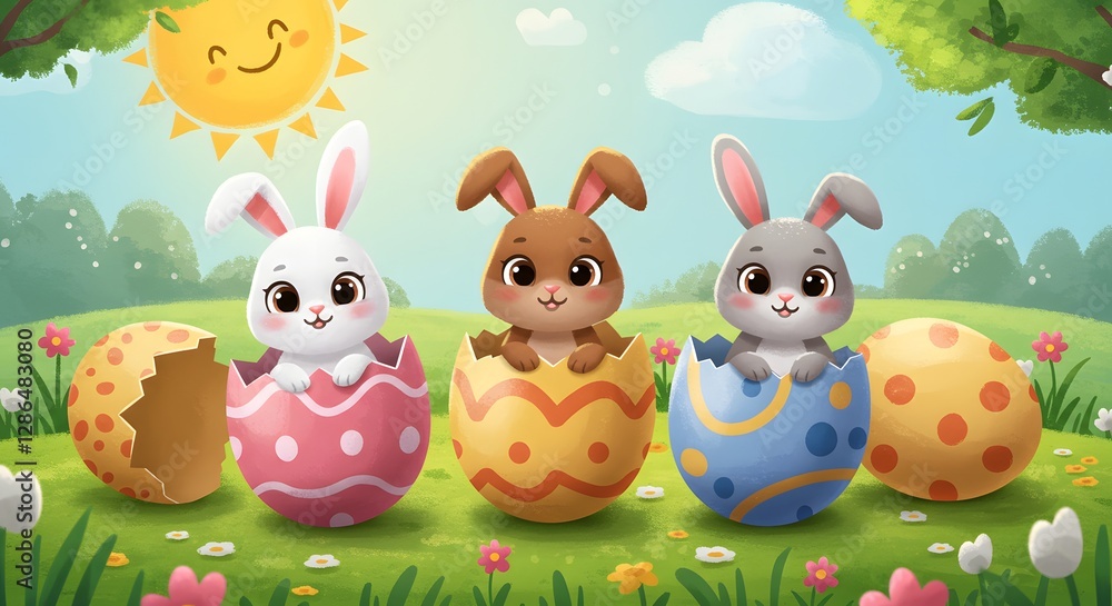 Naklejka premium Adorable Easter bunnies pop out of decorated eggs on a sunny spring day. A cheerful and vibrant scene perfect for holiday celebrations and greetings.