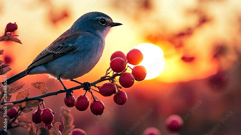 Bird on branch with berries at sunset Bird on branch with berries at sunset