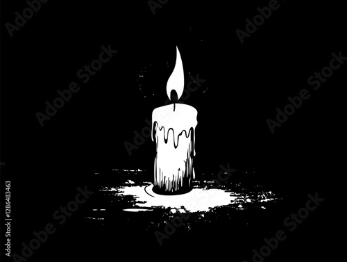 Black and white illustration of a burning candle with dripping wax.