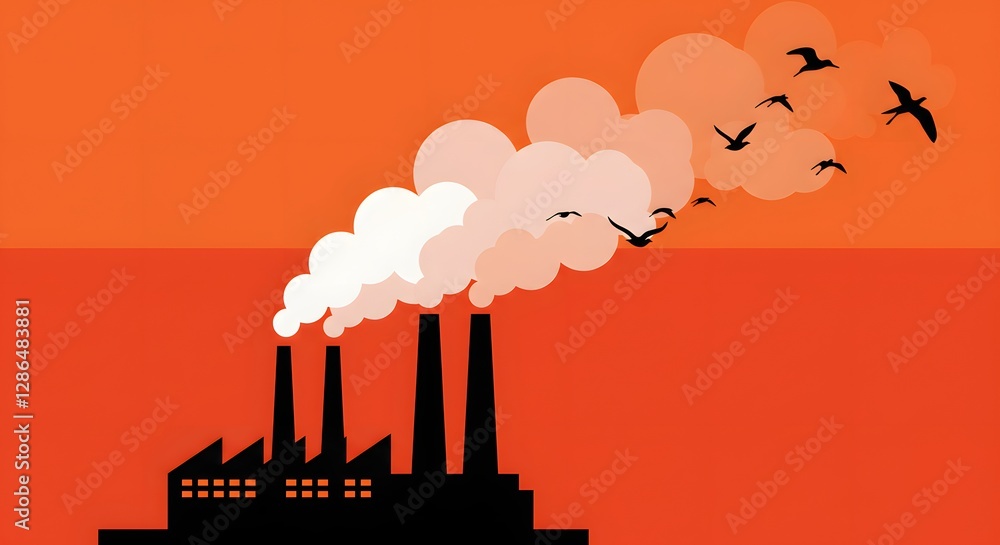 Obraz premium Illustration of a factory silhouette emitting smoke against an orange sky, with birds flying amidst the pollution, symbolizing environmental concerns and the impact of industry.