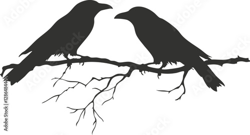 Silhouette of two crows perched on a bare branch in monochrome.