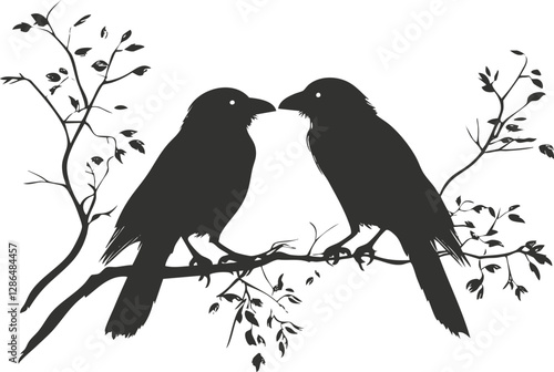Silhouette of two crows perched on branches with leaves in black and white.