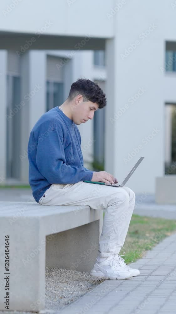 Young student working on laptop outside university building. Vertical Young student working on laptop outside university building. Vertical