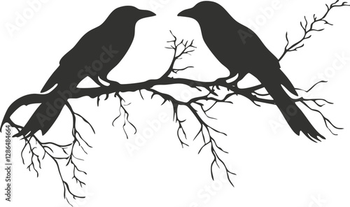 Silhouette of two crows perched on a bare tree branch.
