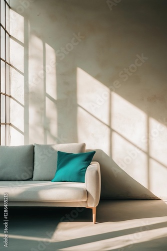 Minimalist beige sofa with a teal pillow against a sunlit wall with soft shadows
