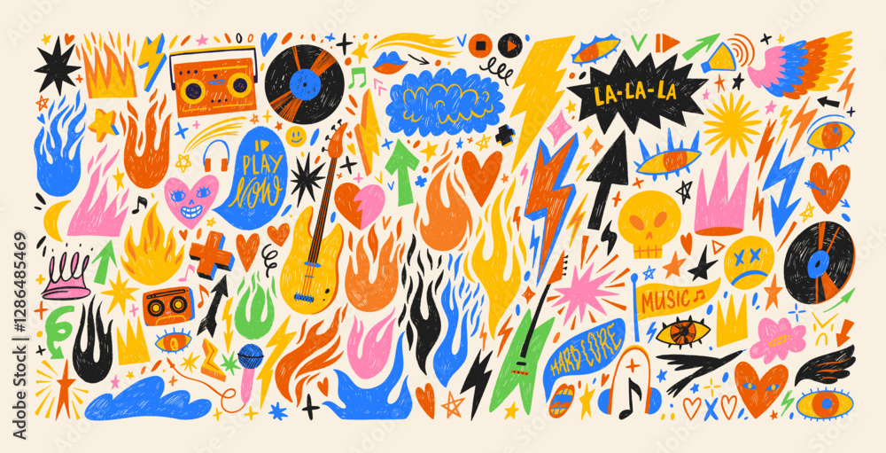 Fototapeta premium Punk and rock style crayon drawn shapes and stickers. Collection of graffiti doodle music figures.