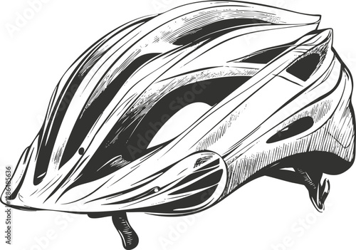 Detailed black and white sketch of a bicycle helmet.