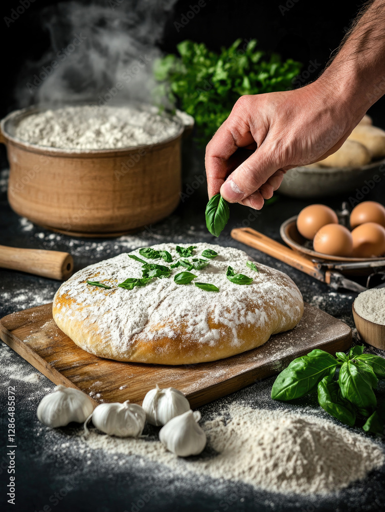Fototapeta premium Culinary creativity with freshly prepared dough, herbs, and garlic for a rustic homemade delight