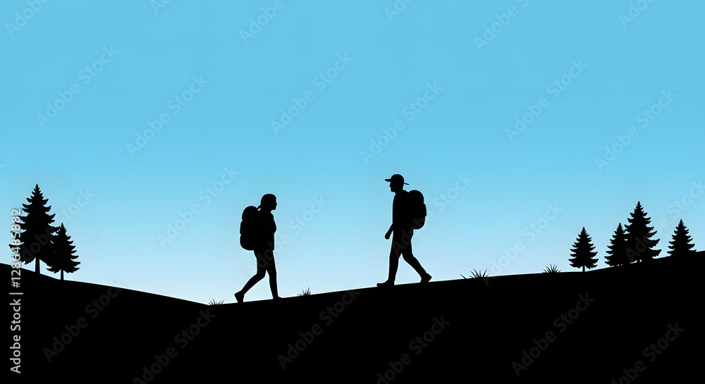 custom made wallpaper toronto digitalSilhouetted hikers journey across a rolling landscape against a clear blue sky, framed by pine trees. Adventure and exploration in nature?s embrace.