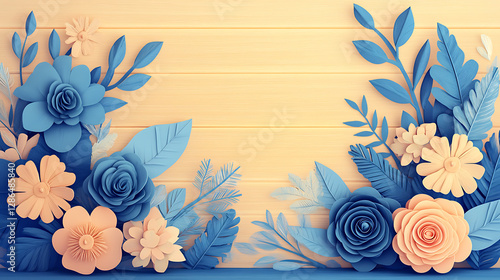 Paper cut spring flowers and leaves Fresh spring nature background. Floral with leaves cut of paper Flower paper style, colorful rose, paper craft floral