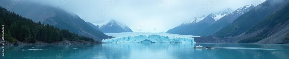 Matanuska Glacier with Chugach Mountain backdrop in misty Alaskan landscape, glenn highway, foggy Matanuska Glacier with Chugach Mountain backdrop in misty Alaskan landscape, glenn highway, foggy