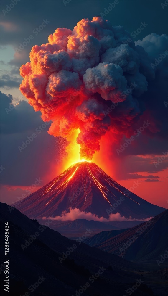 Fototapeta premium Volcanic ash cloud rising to the sky with a fiery glow, explosive force, dark background, pyroclastic flow